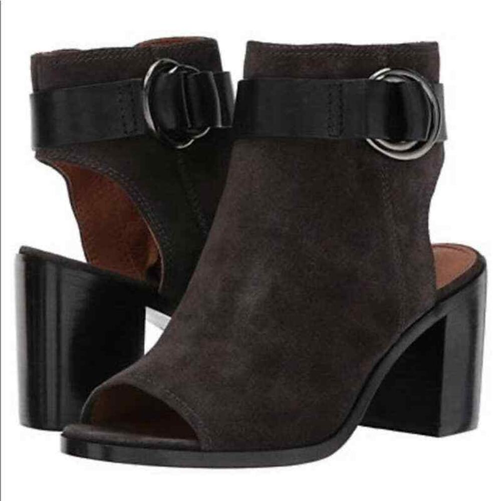 Frye Danica Harness CHARCOAL Suede Peep Toe Booties SZ 8
